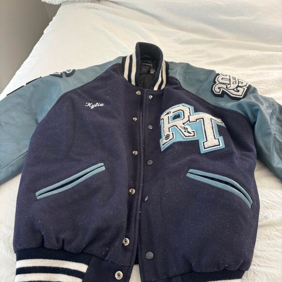 VINTAGE Letterman Blue Navy Women's Leather Varsity Oversized Large Felt Jacket - Picture 1 of 4